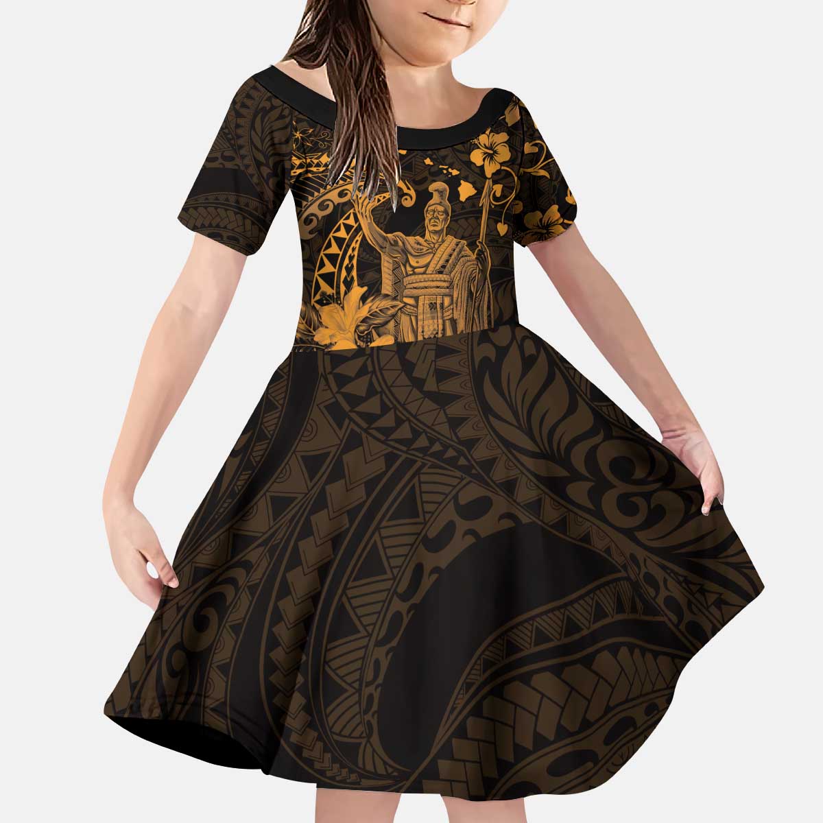 Hawaii King Kamehameha Day Kid Short Sleeve Dress Polynesian Pattern Mix Hibiscus Gold