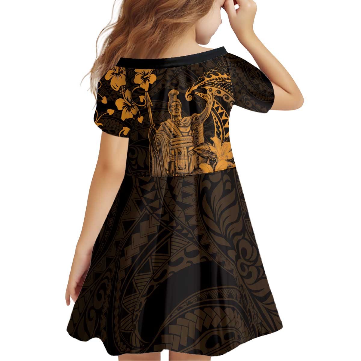 Hawaii King Kamehameha Day Kid Short Sleeve Dress Polynesian Pattern Mix Hibiscus Gold