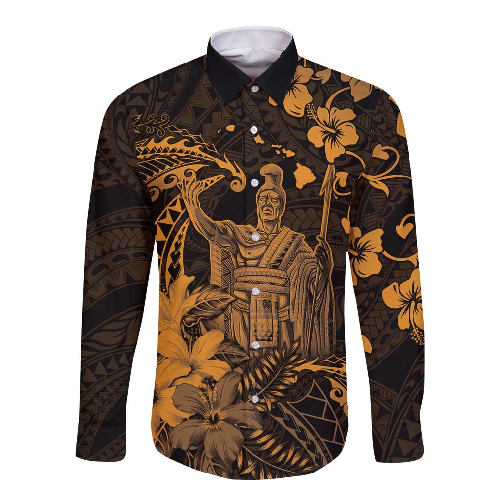 Hawaii King Kamehameha Day Long Sleeve Button Shirt Polynesian Pattern Mix Hibiscus Gold