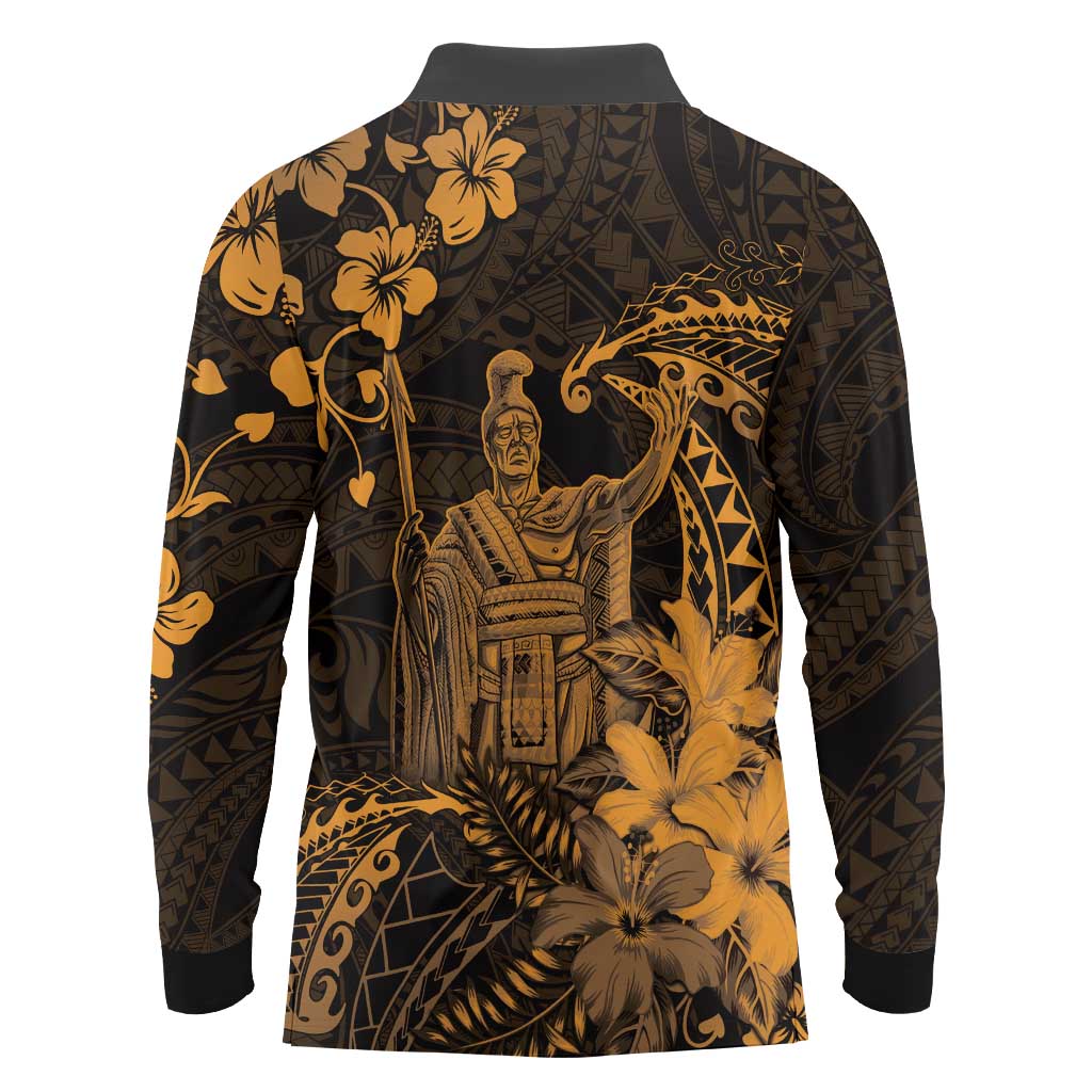 Hawaii King Kamehameha Day Long Sleeve Polo Shirt Polynesian Pattern Mix Hibiscus Gold