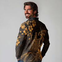 Hawaii King Kamehameha Day Long Sleeve Polo Shirt Polynesian Pattern Mix Hibiscus Gold