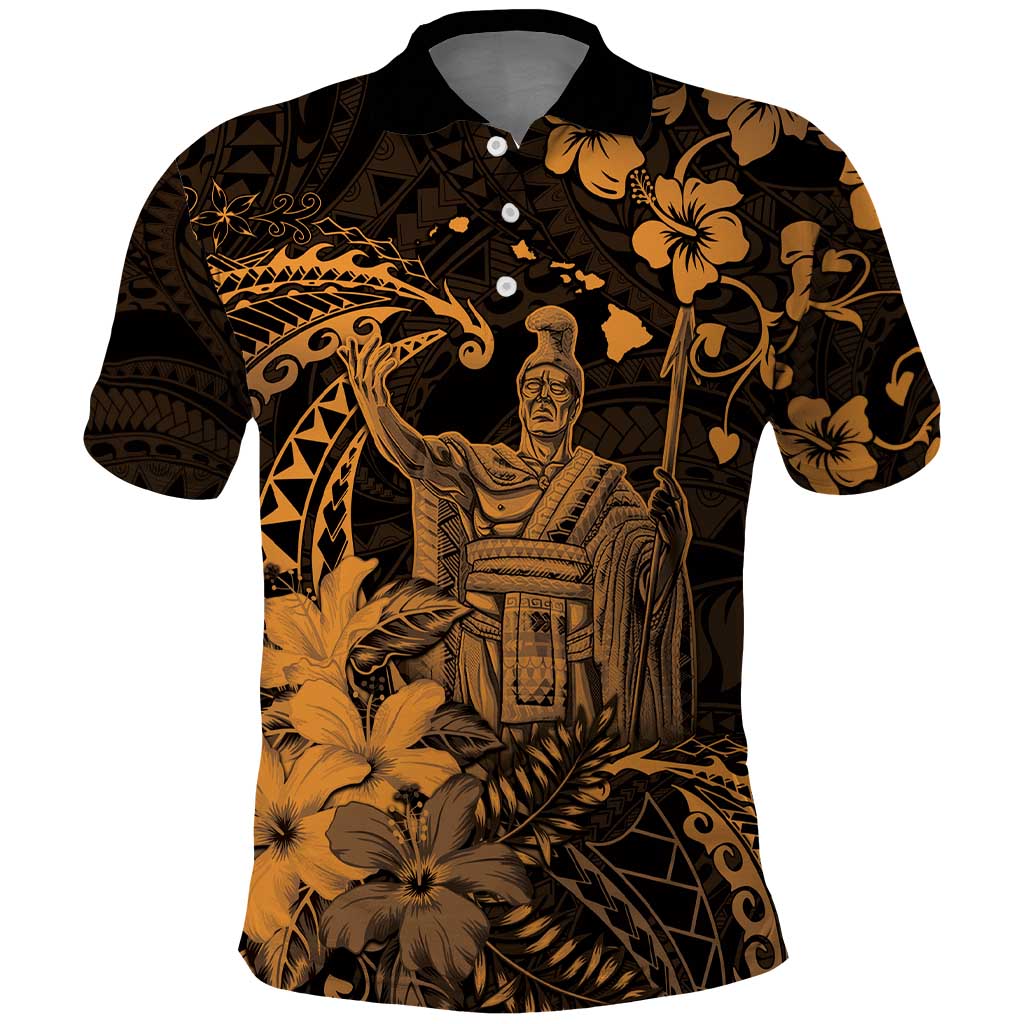 Hawaii King Kamehameha Day Polo Shirt Polynesian Pattern Mix Hibiscus Gold