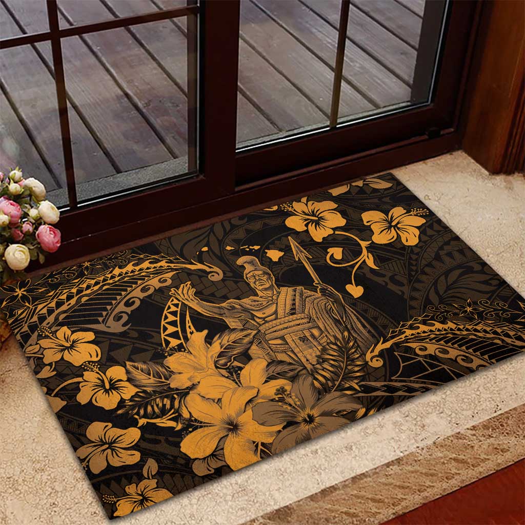 Hawaii King Kamehameha Day Rubber Doormat Polynesian Pattern Mix Hibiscus Gold