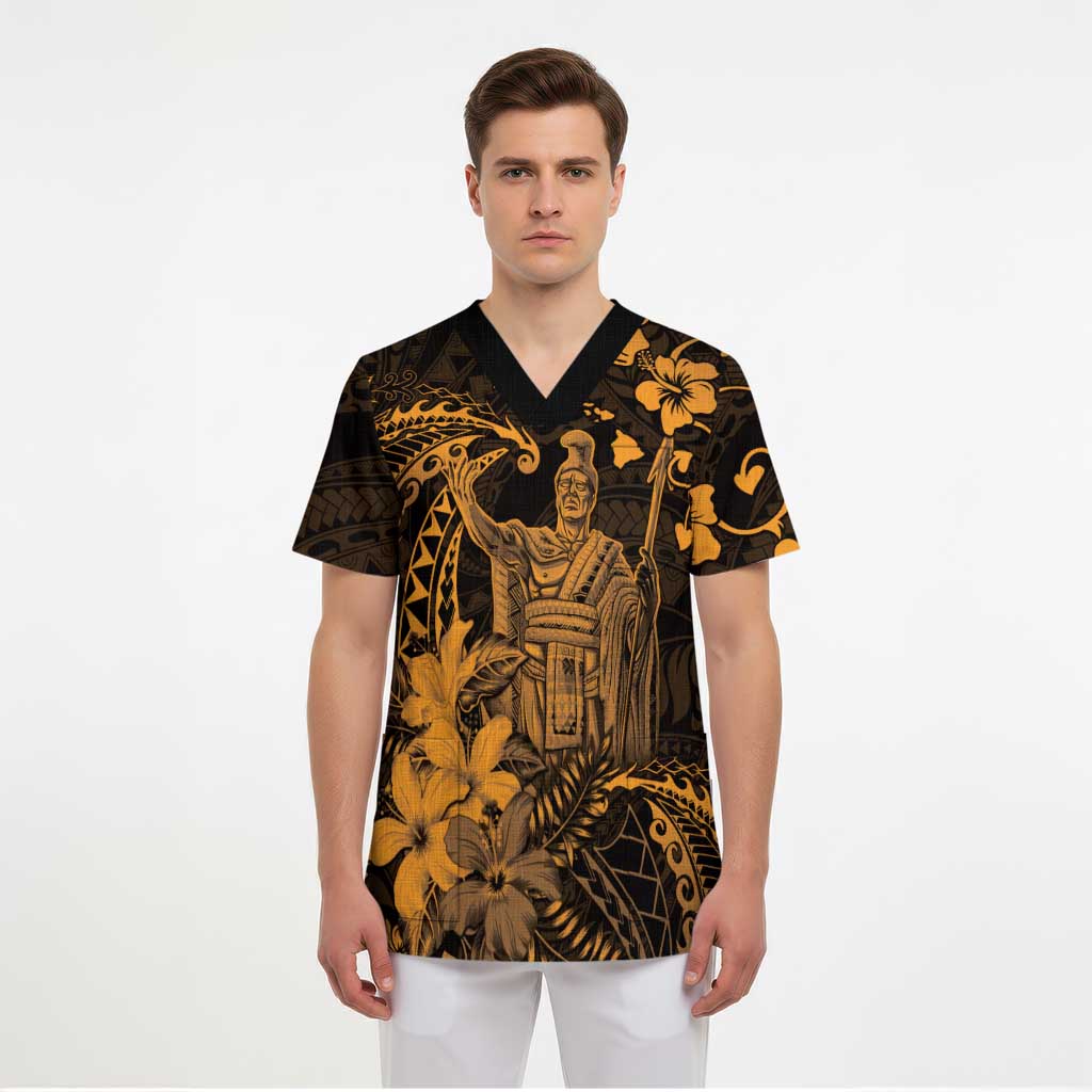Hawaii King Kamehameha Day Scrub Top Polynesian Pattern Mix Hibiscus Gold - Polynesian Pride