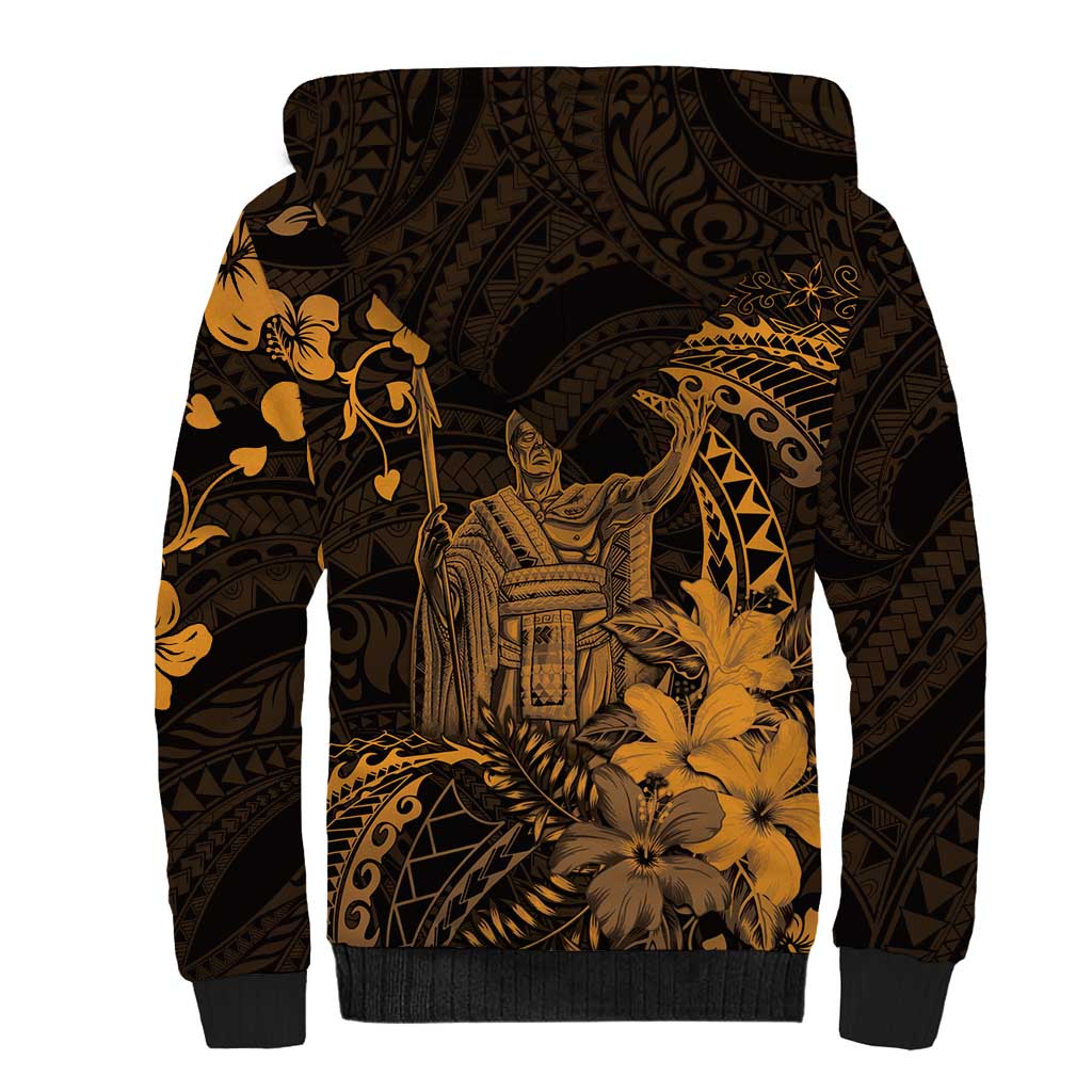 Hawaii King Kamehameha Day Sherpa Hoodie Polynesian Pattern Mix Hibiscus Gold