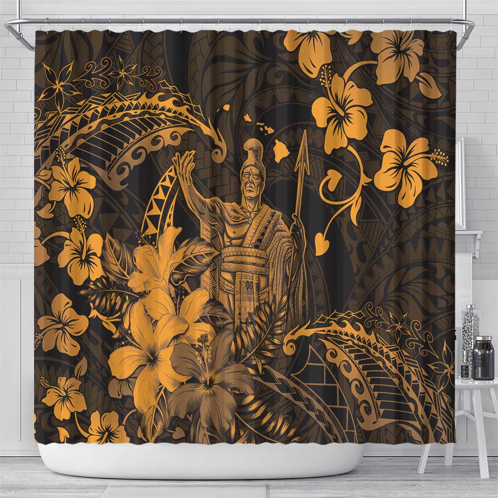 Hawaii King Kamehameha Day Shower Curtain Polynesian Pattern Mix Hibiscus Gold