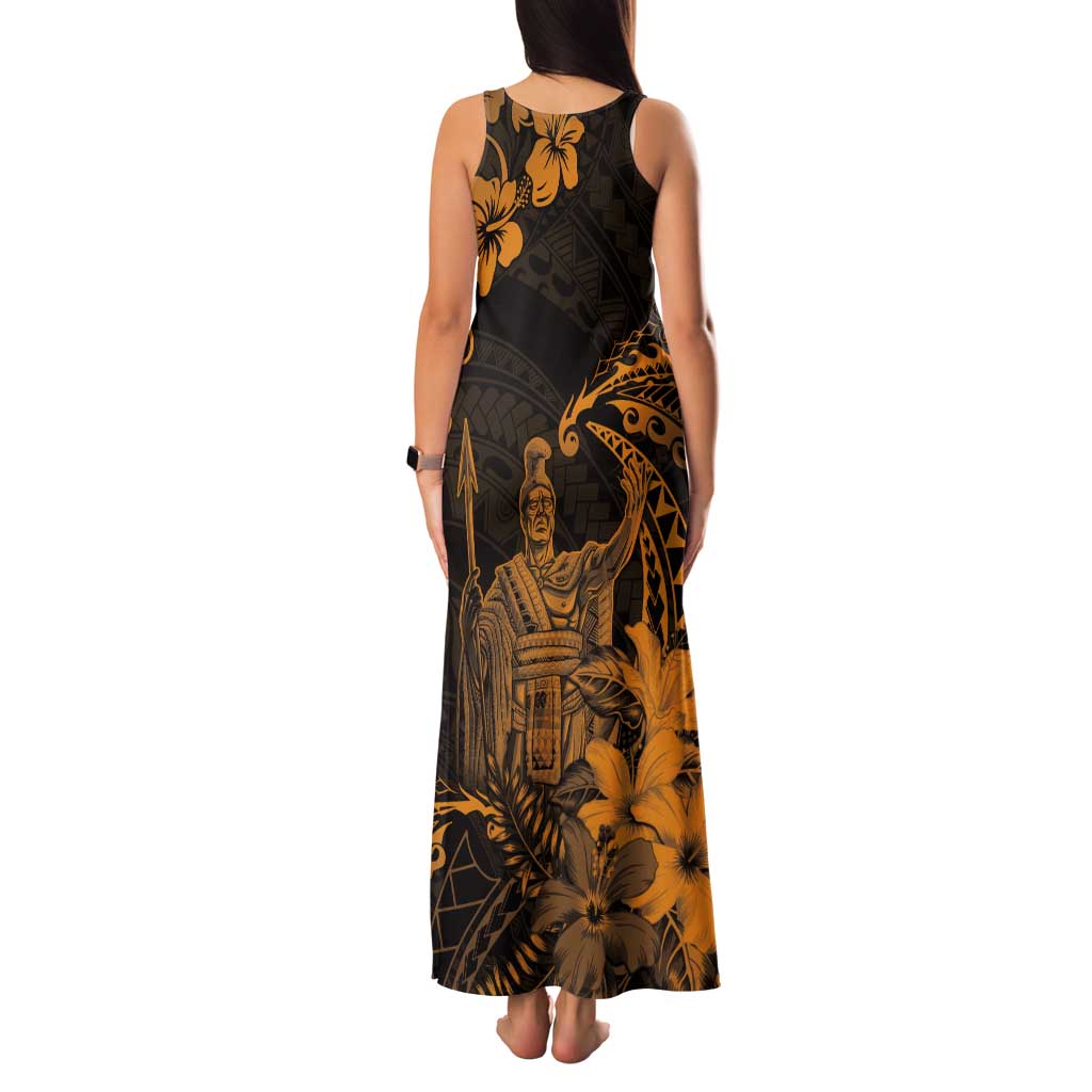 Hawaii King Kamehameha Day Tank Maxi Dress Polynesian Pattern Mix Hibiscus Gold