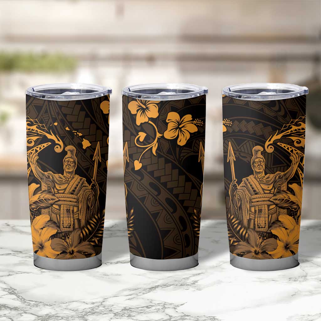 Hawaii King Kamehameha Day Tumbler Cup Polynesian Pattern Mix Hibiscus Gold