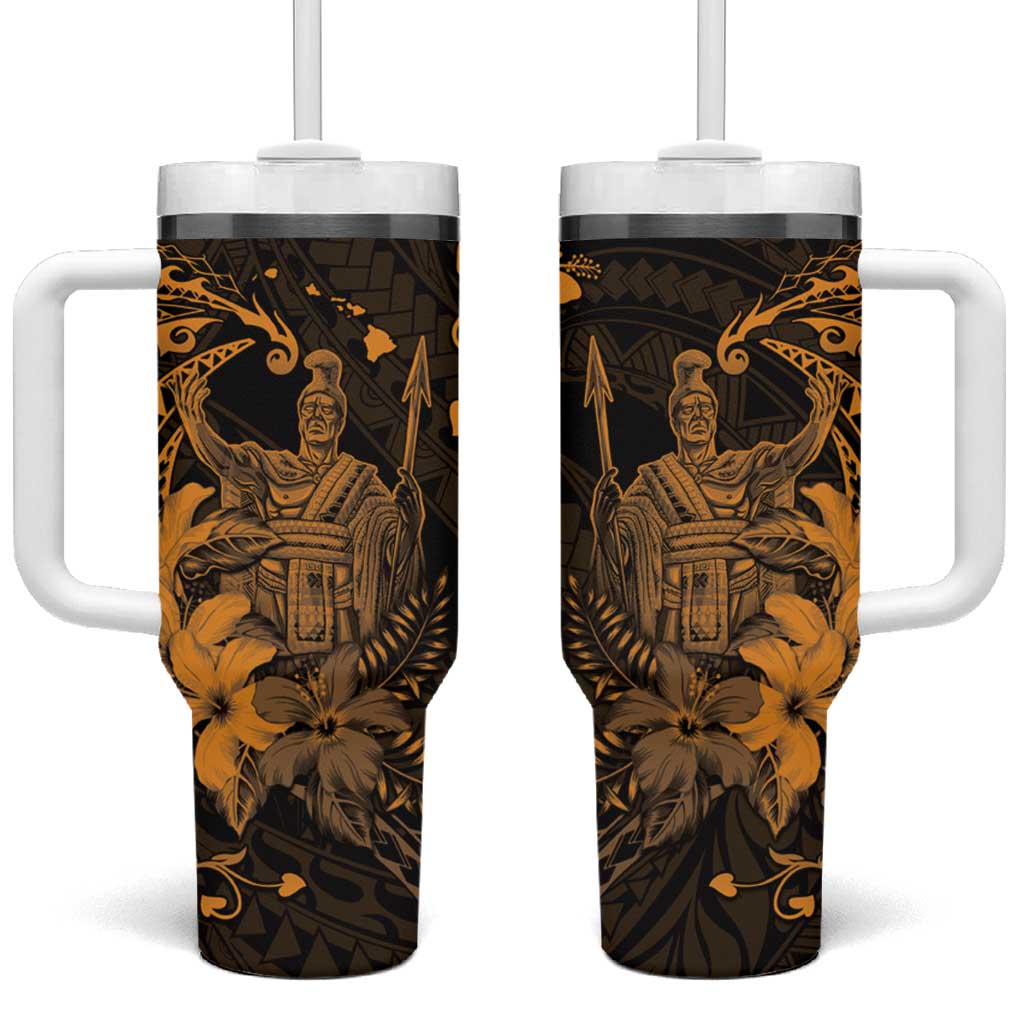 Hawaii King Kamehameha Day Tumbler With Handle Polynesian Pattern Mix Hibiscus Gold