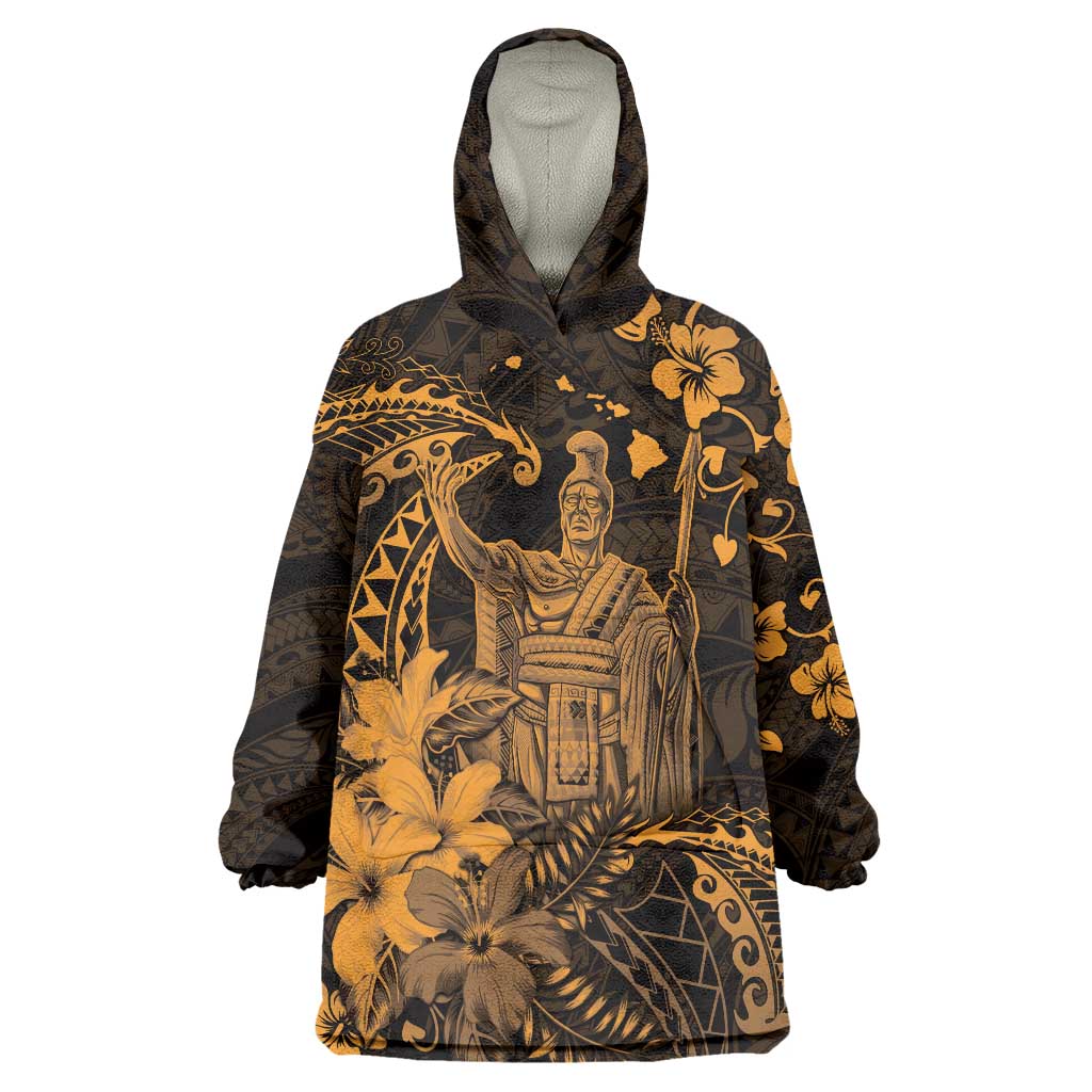 Hawaii King Kamehameha Day Wearable Blanket Hoodie Polynesian Pattern Mix Hibiscus Gold