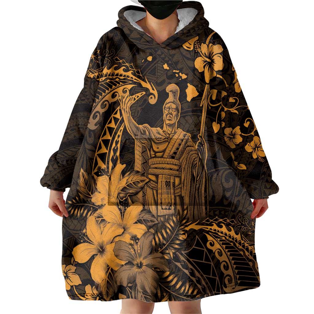 Hawaii King Kamehameha Day Wearable Blanket Hoodie Polynesian Pattern Mix Hibiscus Gold