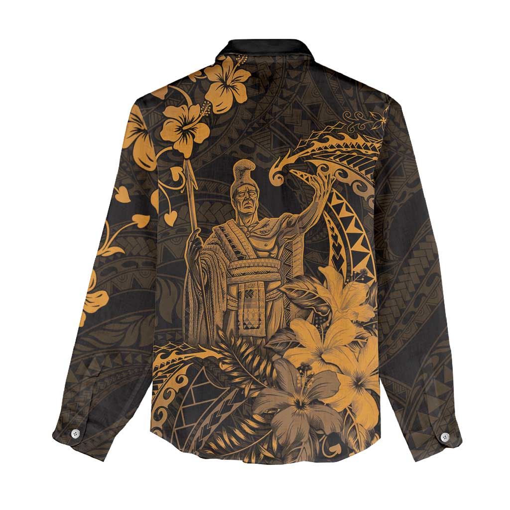Hawaii King Kamehameha Day Women Casual Shirt Polynesian Pattern Mix Hibiscus Gold