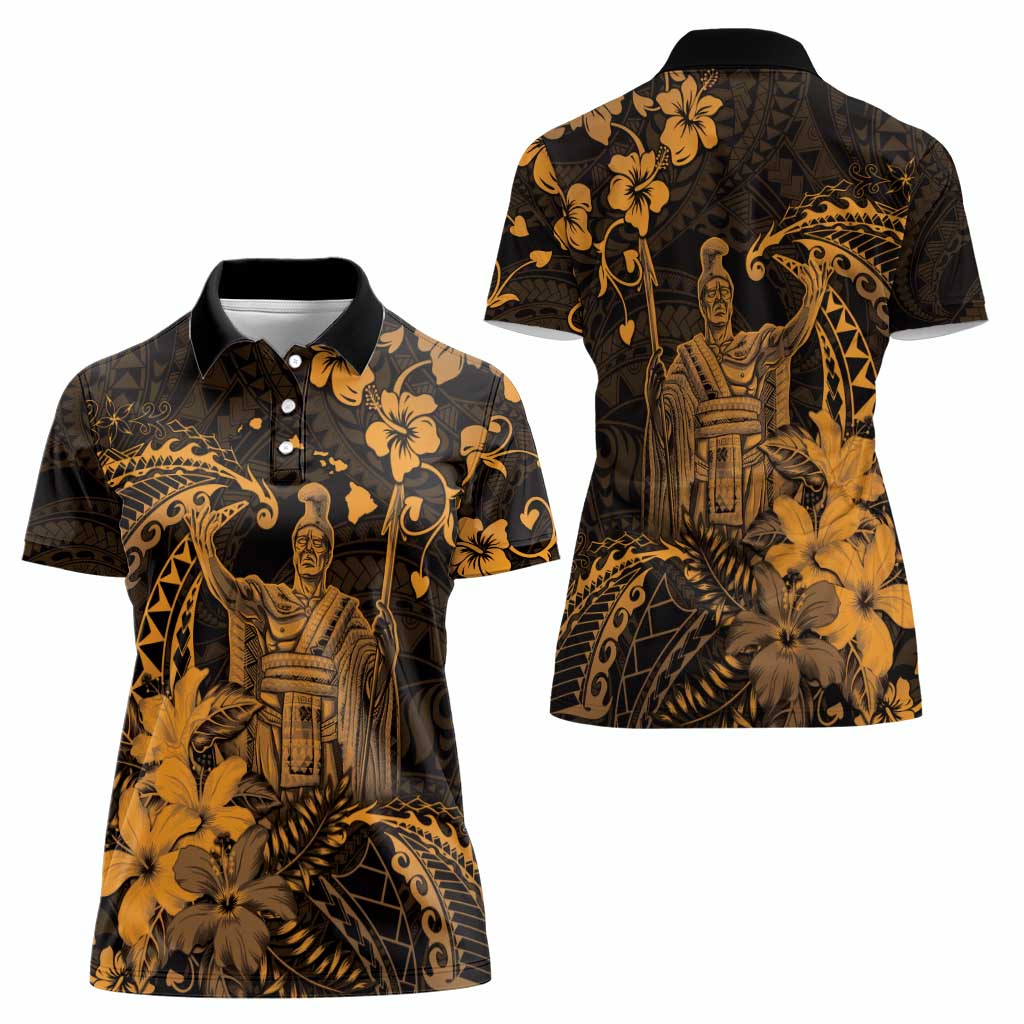 Hawaii King Kamehameha Day Women Polo Shirt Polynesian Pattern Mix Hibiscus Gold
