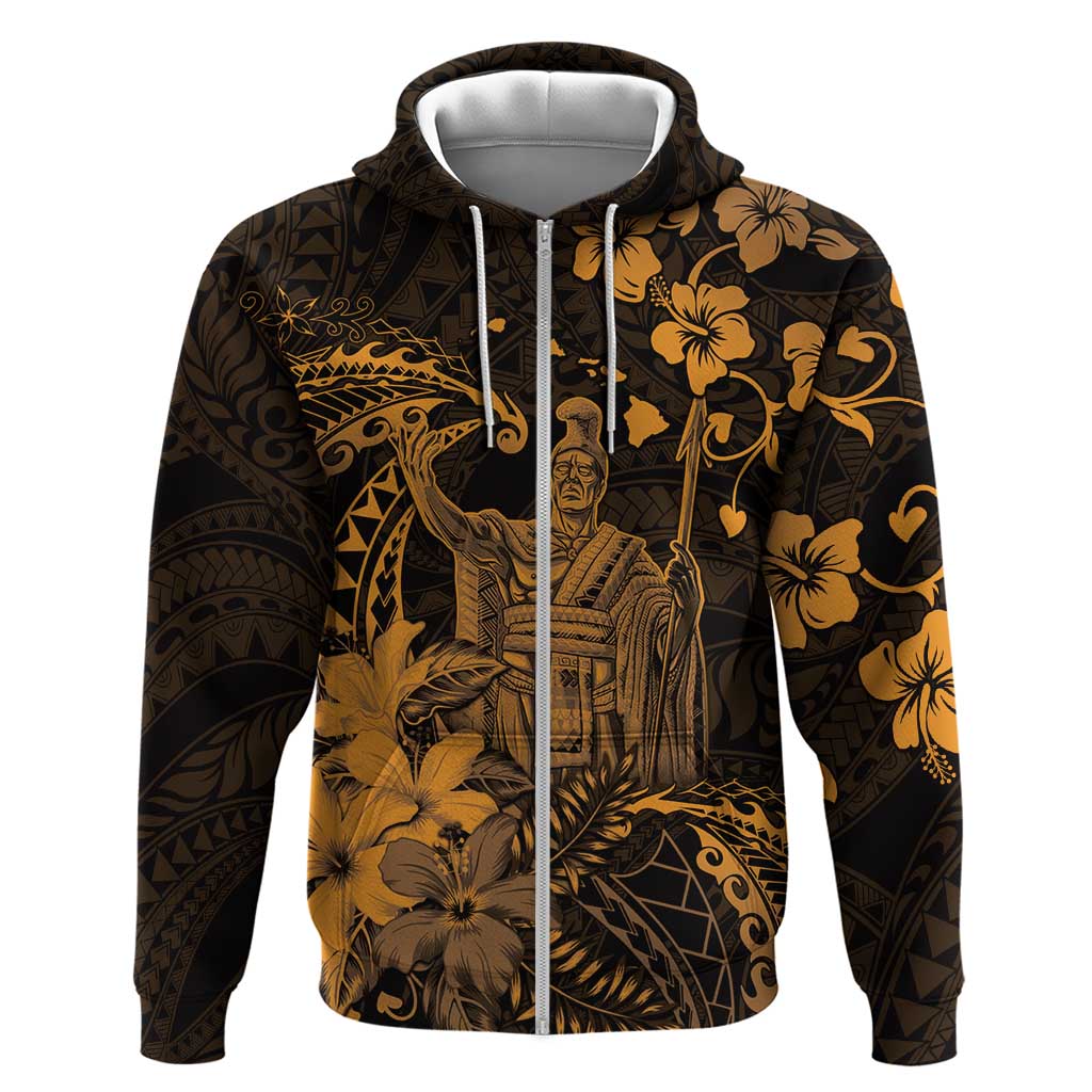 Hawaii King Kamehameha Day Zip Hoodie Polynesian Pattern Mix Hibiscus Gold