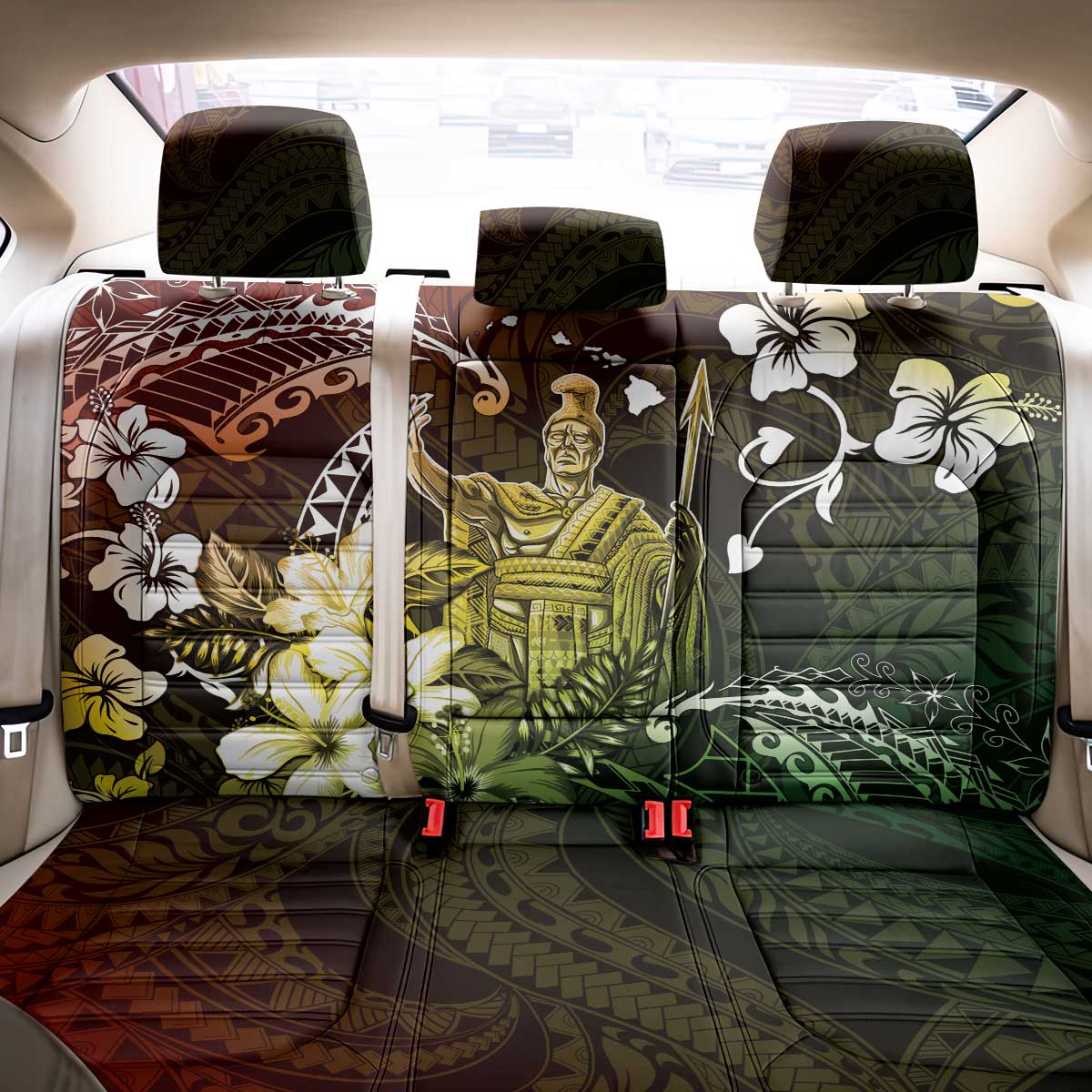 Hawaii King Kamehameha Day Back Car Seat Cover Polynesian Pattern Mix Hibiscus Reggae