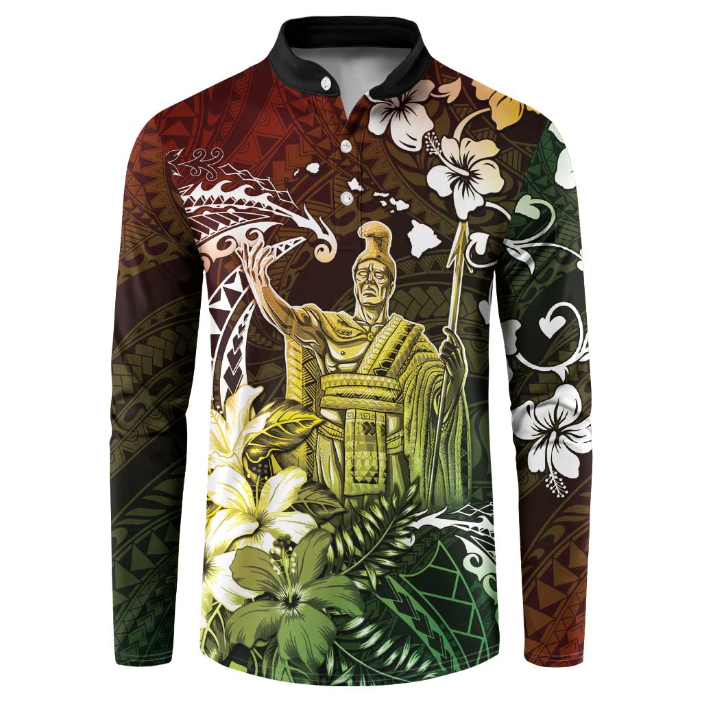Hawaii King Kamehameha Day Button Sweatshirt Polynesian Pattern Mix Hibiscus Reggae