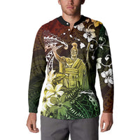 Hawaii King Kamehameha Day Button Sweatshirt Polynesian Pattern Mix Hibiscus Reggae