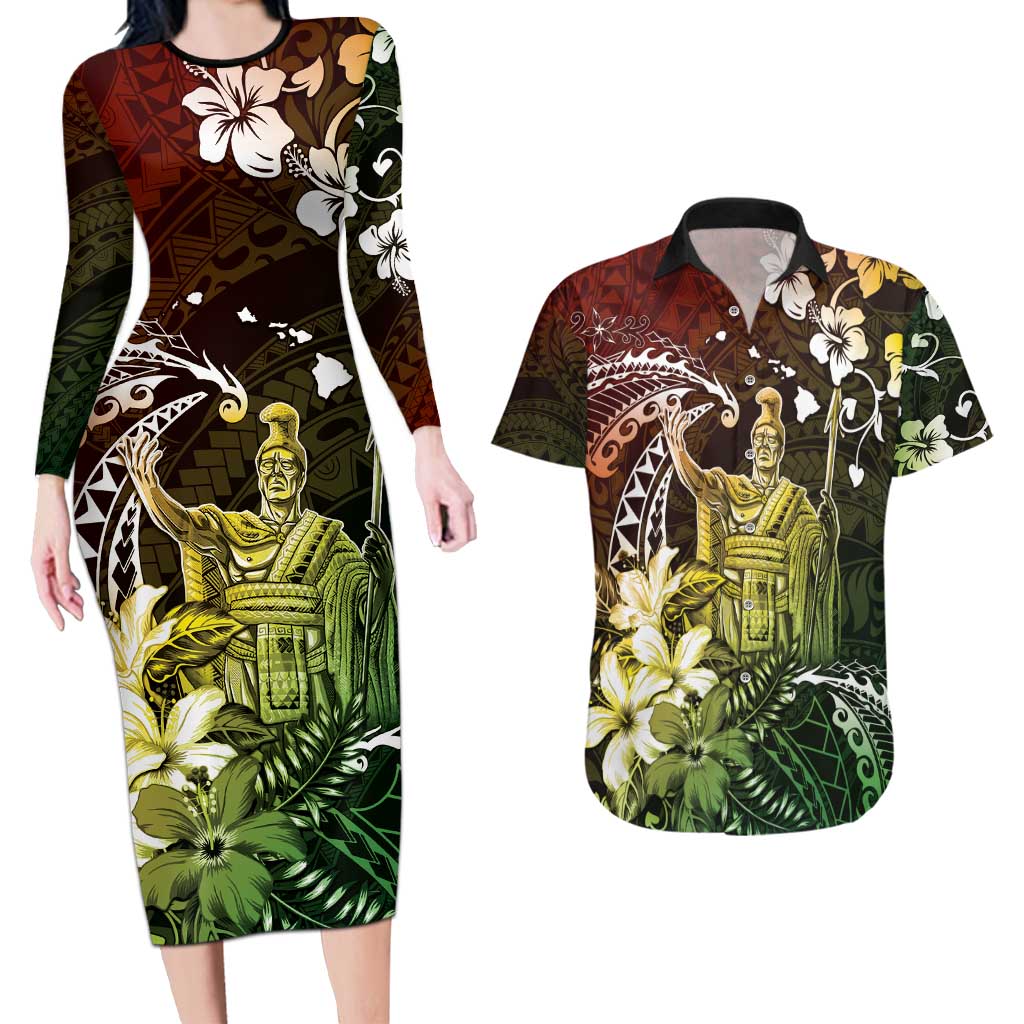 Hawaii King Kamehameha Day Couples Matching Long Sleeve Bodycon Dress and Hawaiian Shirt Polynesian Pattern Mix Hibiscus Reggae
