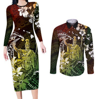 Hawaii King Kamehameha Day Couples Matching Long Sleeve Bodycon Dress and Long Sleeve Button Shirt Polynesian Pattern Mix Hibiscus Reggae