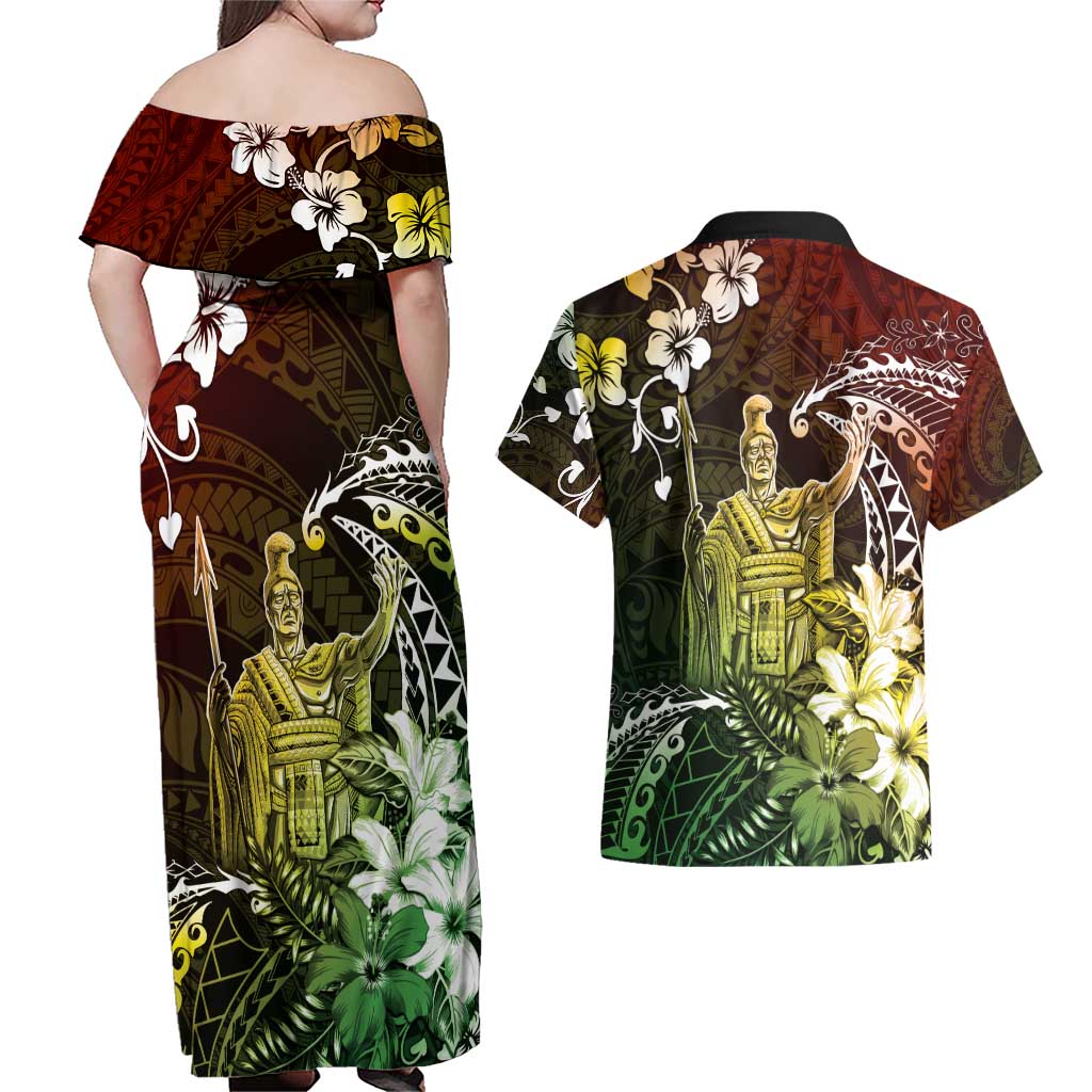 Hawaii King Kamehameha Day Couples Matching Off Shoulder Maxi Dress and Hawaiian Shirt Polynesian Pattern Mix Hibiscus Reggae