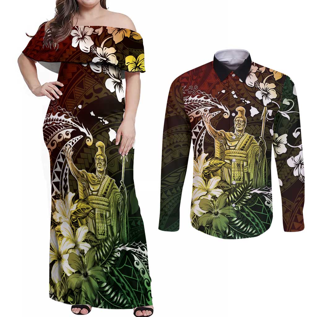 Hawaii King Kamehameha Day Couples Matching Off Shoulder Maxi Dress and Long Sleeve Button Shirt Polynesian Pattern Mix Hibiscus Reggae