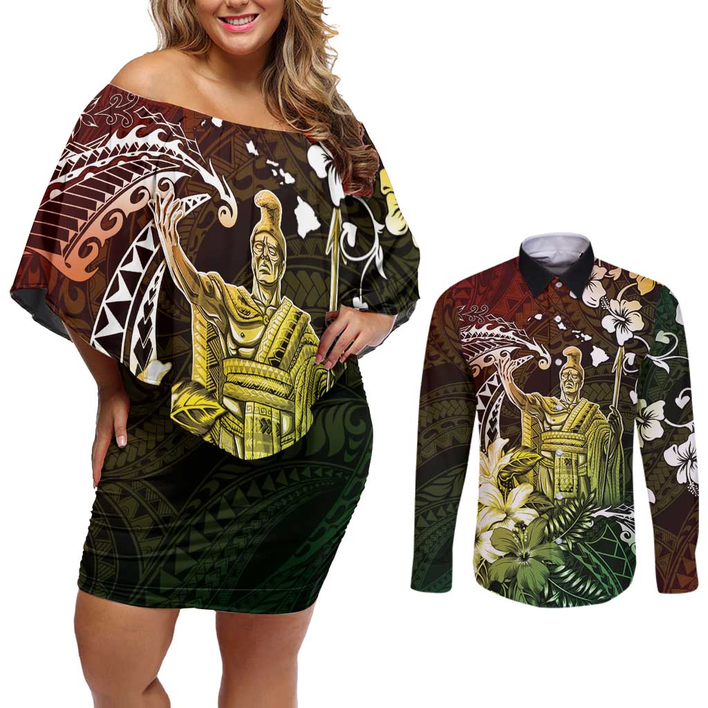 Hawaii King Kamehameha Day Couples Matching Off Shoulder Short Dress and Long Sleeve Button Shirt Polynesian Pattern Mix Hibiscus Reggae LT05 Reggae - Polynesian Pride