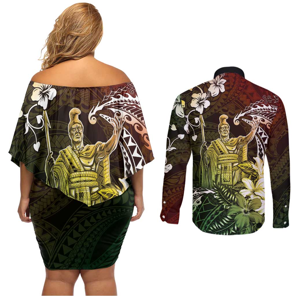 Hawaii King Kamehameha Day Couples Matching Off Shoulder Short Dress and Long Sleeve Button Shirt Polynesian Pattern Mix Hibiscus Reggae LT05 - Polynesian Pride