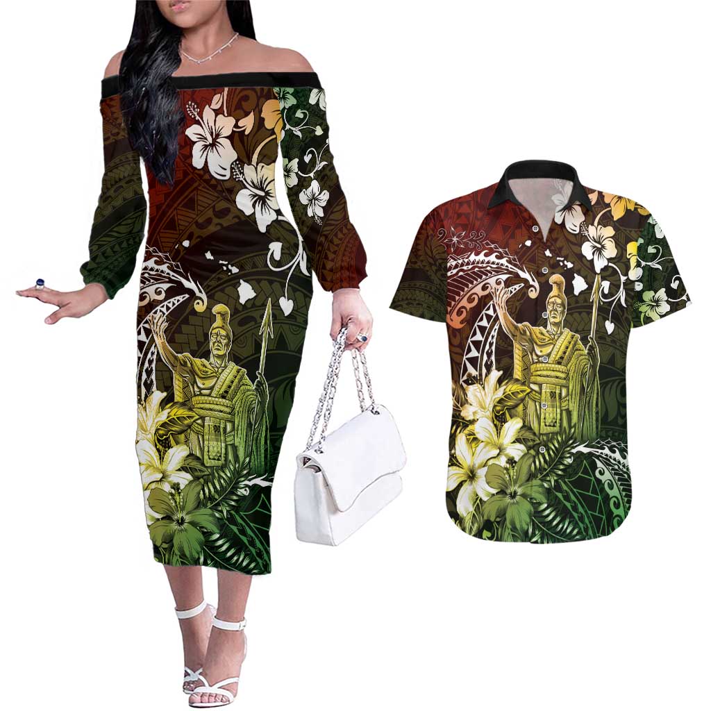Hawaii King Kamehameha Day Couples Matching Off The Shoulder Long Sleeve Dress and Hawaiian Shirt Polynesian Pattern Mix Hibiscus Reggae