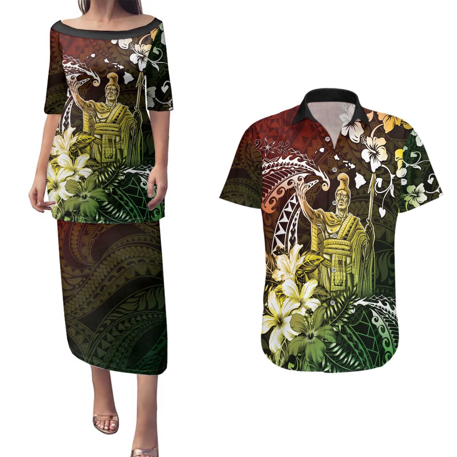 Hawaii King Kamehameha Day Couples Matching Puletasi and Hawaiian Shirt Polynesian Pattern Mix Hibiscus Reggae