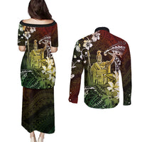 Hawaii King Kamehameha Day Couples Matching Puletasi and Long Sleeve Button Shirt Polynesian Pattern Mix Hibiscus Reggae