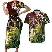 Hawaii King Kamehameha Day Couples Matching Short Sleeve Bodycon Dress and Hawaiian Shirt Polynesian Pattern Mix Hibiscus Reggae