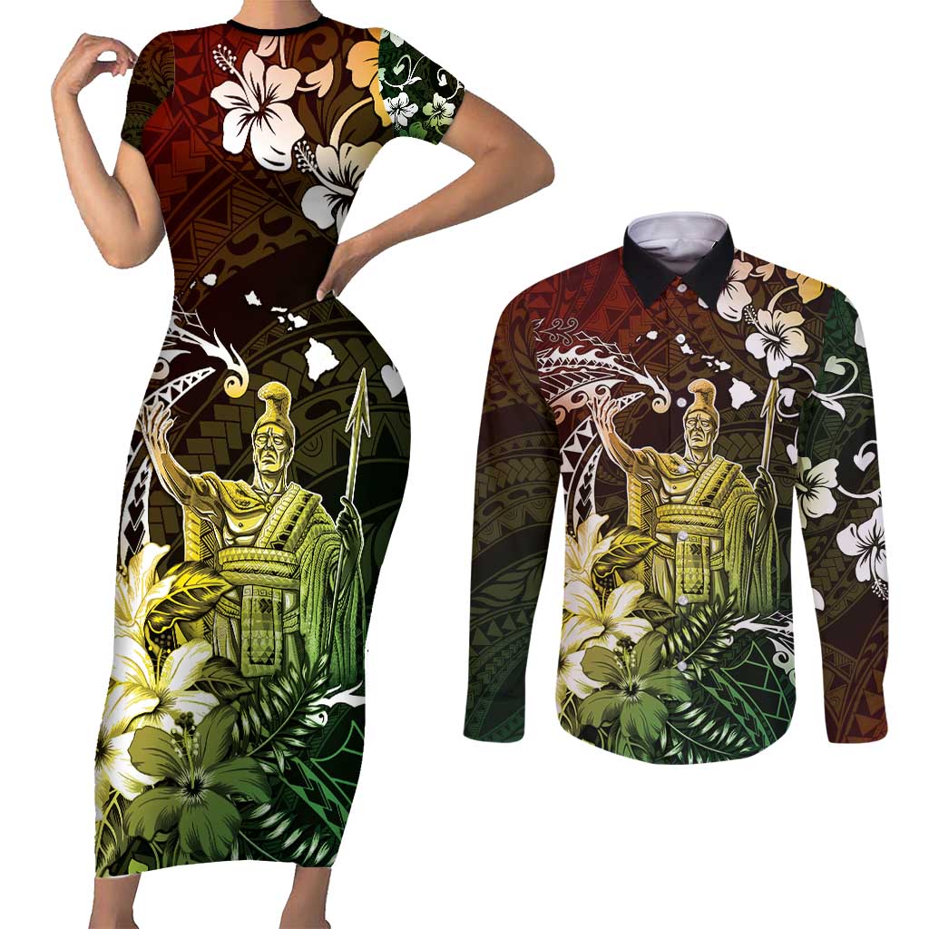 Hawaii King Kamehameha Day Couples Matching Short Sleeve Bodycon Dress and Long Sleeve Button Shirt Polynesian Pattern Mix Hibiscus Reggae