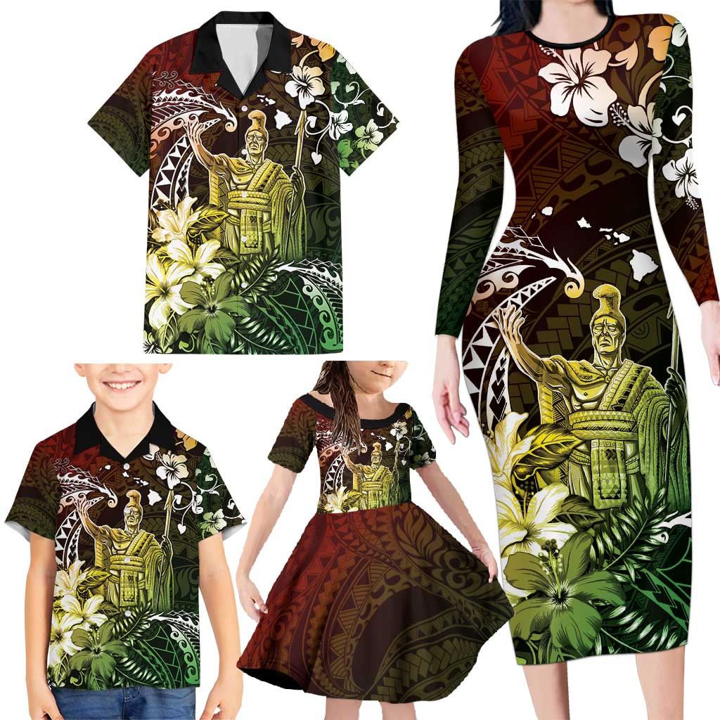 Hawaii King Kamehameha Day Family Matching Long Sleeve Bodycon Dress and Hawaiian Shirt Polynesian Pattern Mix Hibiscus Reggae
