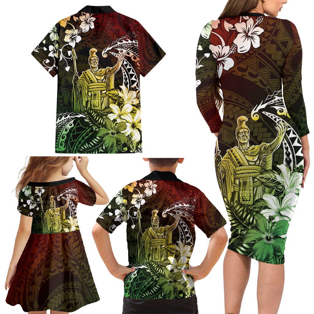 Hawaii King Kamehameha Day Family Matching Long Sleeve Bodycon Dress and Hawaiian Shirt Polynesian Pattern Mix Hibiscus Reggae