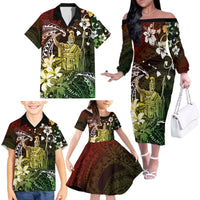 Hawaii King Kamehameha Day Family Matching Off The Shoulder Long Sleeve Dress and Hawaiian Shirt Polynesian Pattern Mix Hibiscus Reggae