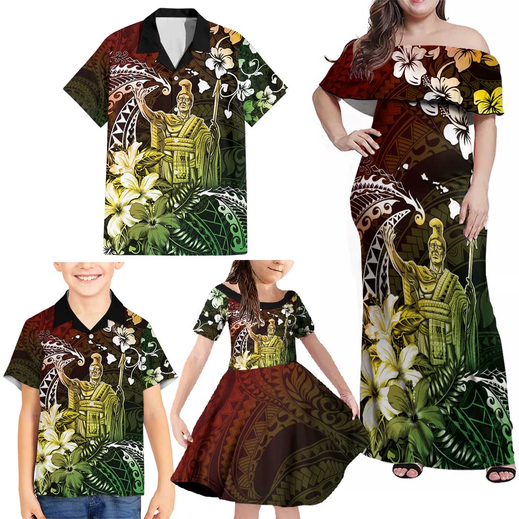 Hawaii King Kamehameha Day Family Matching Off Shoulder Maxi Dress and Hawaiian Shirt Polynesian Pattern Mix Hibiscus Reggae