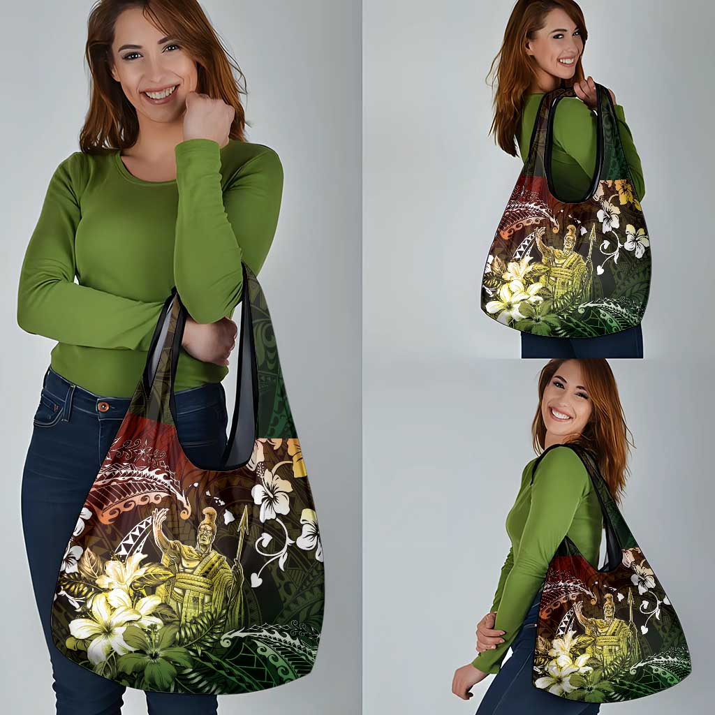 Hawaii King Kamehameha Day Grocery Bag Polynesian Pattern Mix Hibiscus Reggae