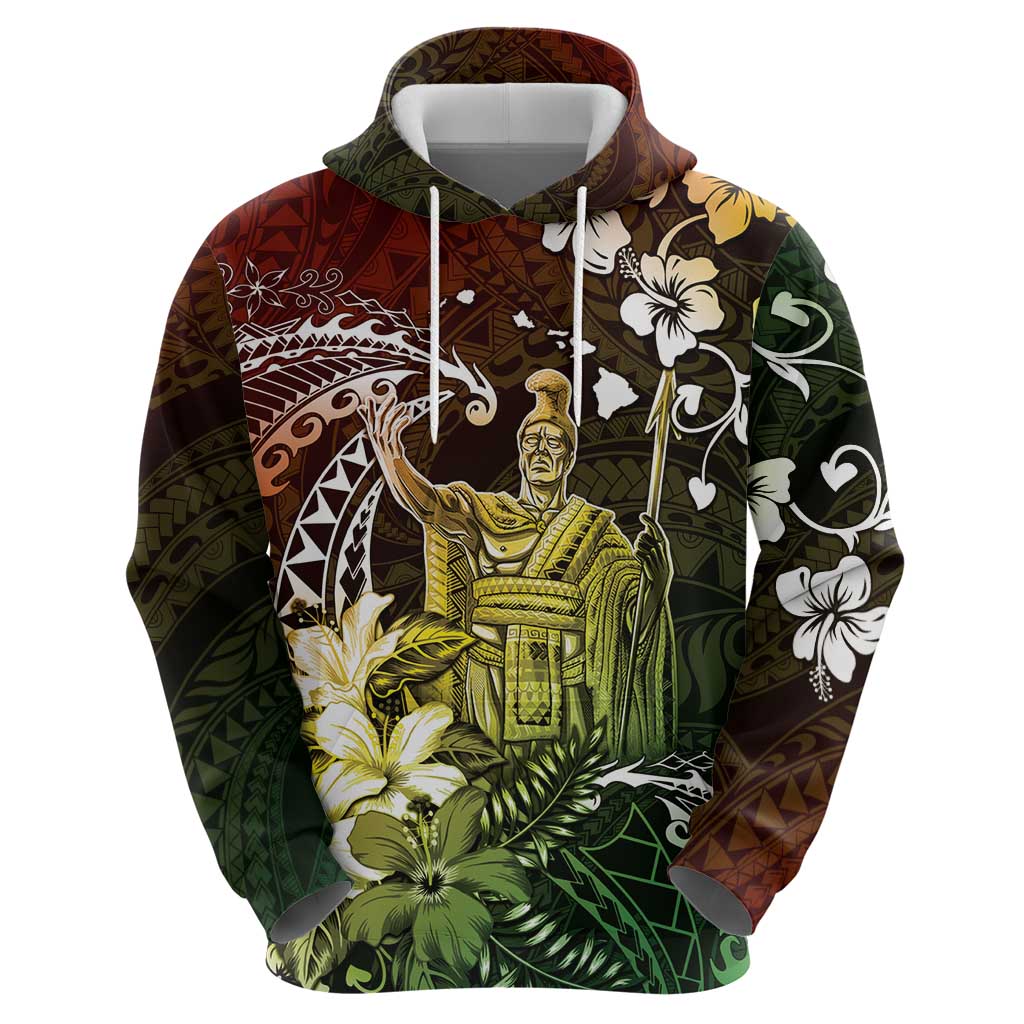 Hawaii King Kamehameha Day Hoodie Polynesian Pattern Mix Hibiscus Reggae