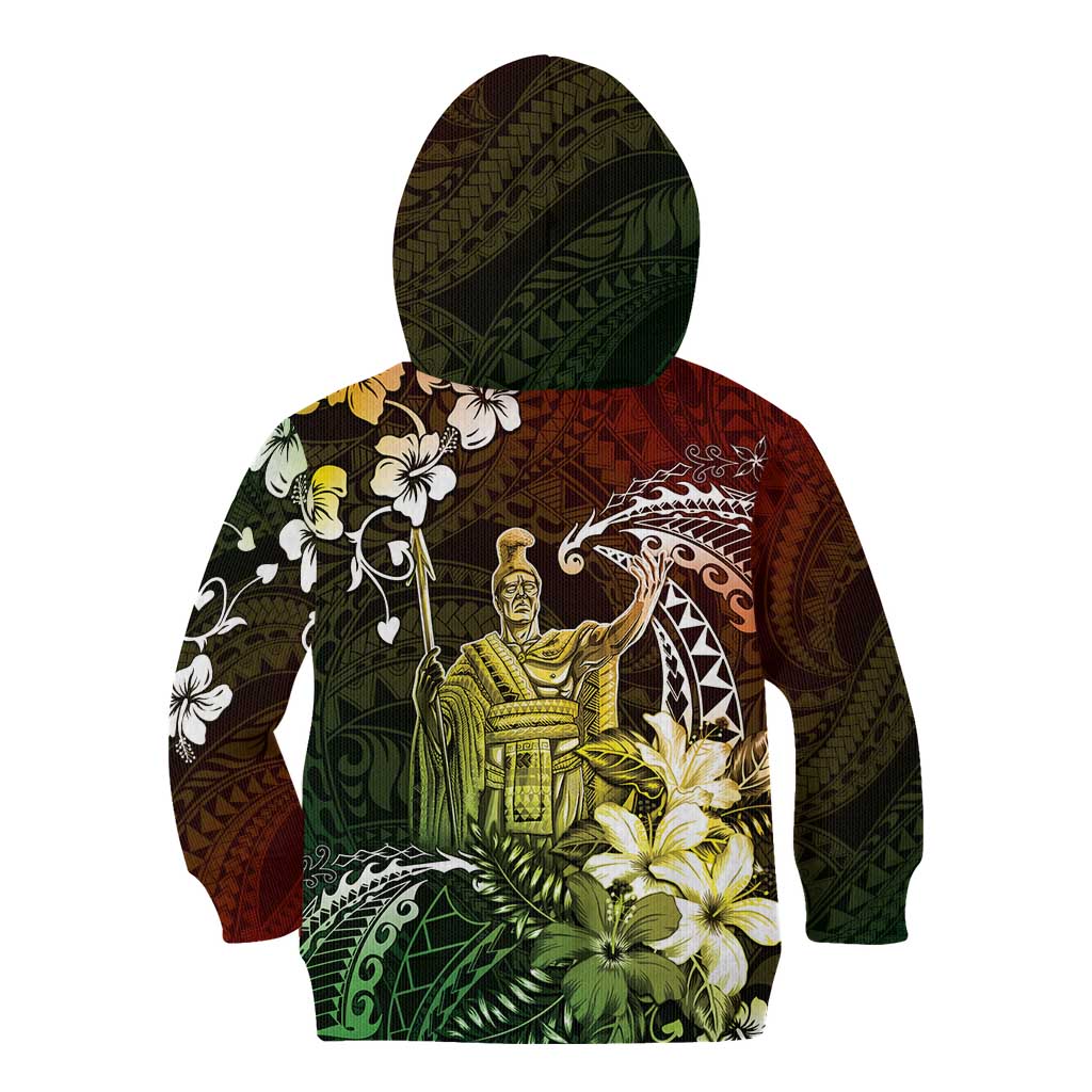 Hawaii King Kamehameha Day Kid Hoodie Polynesian Pattern Mix Hibiscus Reggae