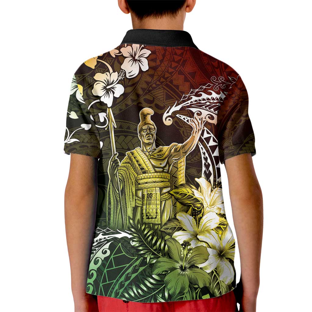 Hawaii King Kamehameha Day Kid Polo Shirt Polynesian Pattern Mix Hibiscus Reggae