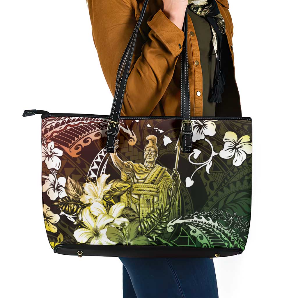 Hawaii King Kamehameha Day Leather Tote Bag Polynesian Pattern Mix Hibiscus Reggae