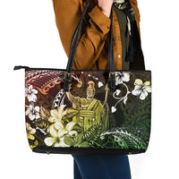 Hawaii King Kamehameha Day Leather Tote Bag Polynesian Pattern Mix Hibiscus Reggae