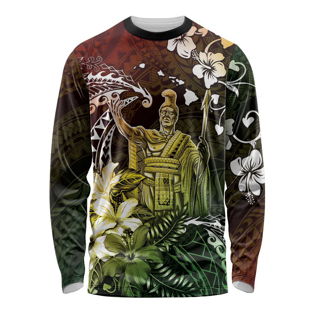 Hawaii King Kamehameha Day Long Sleeve Shirt Polynesian Pattern Mix Hibiscus Reggae