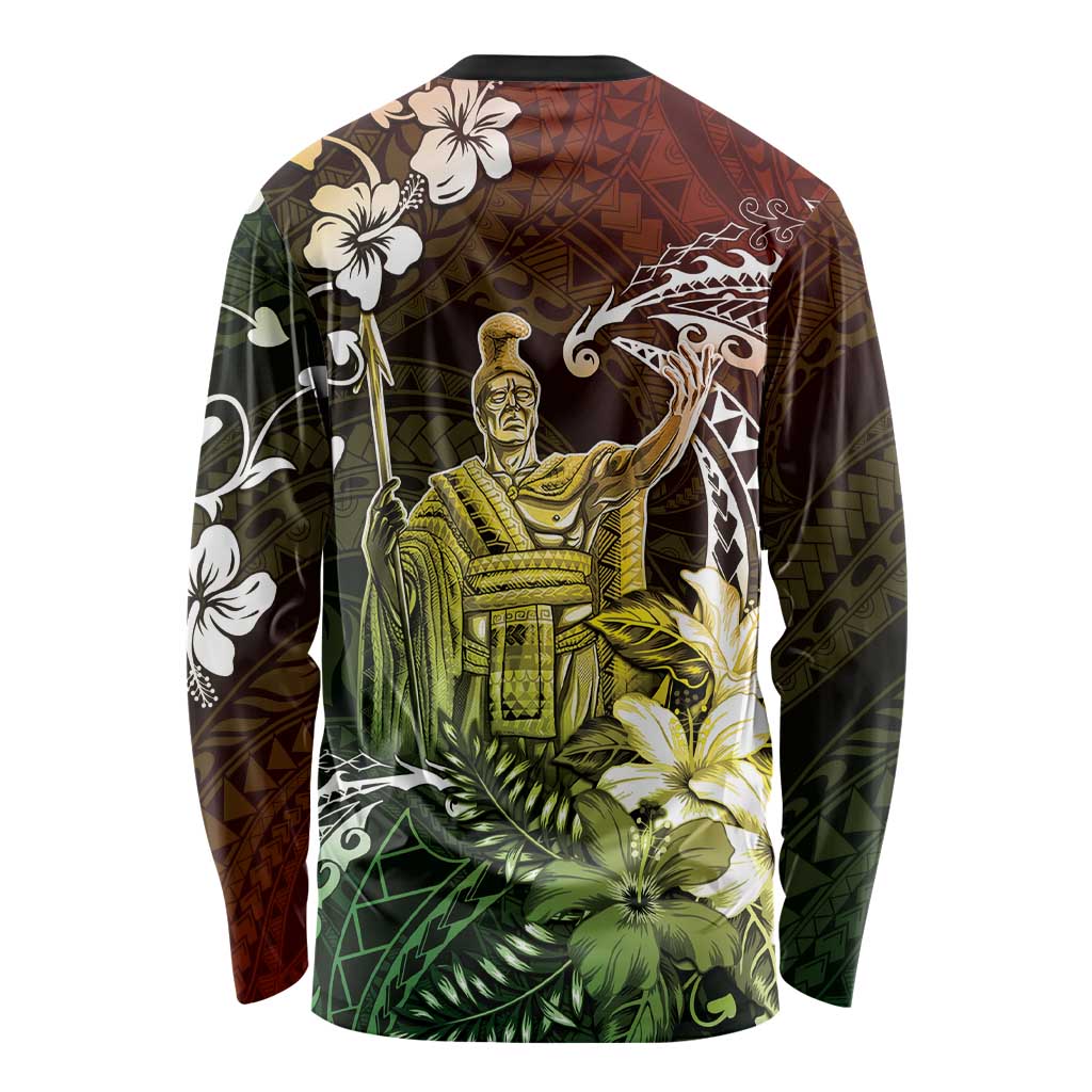 Hawaii King Kamehameha Day Long Sleeve Shirt Polynesian Pattern Mix Hibiscus Reggae