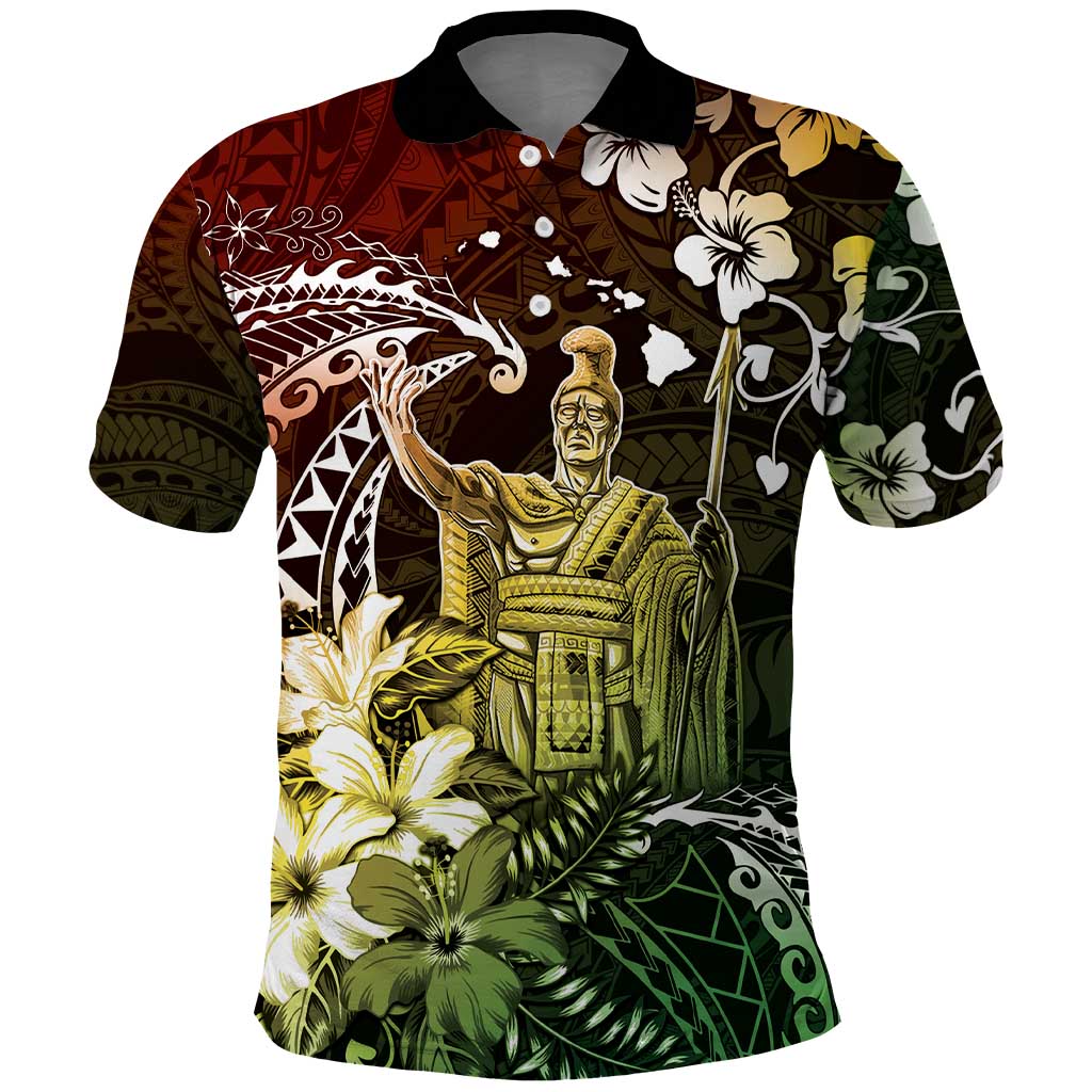 Hawaii King Kamehameha Day Polo Shirt Polynesian Pattern Mix Hibiscus Reggae