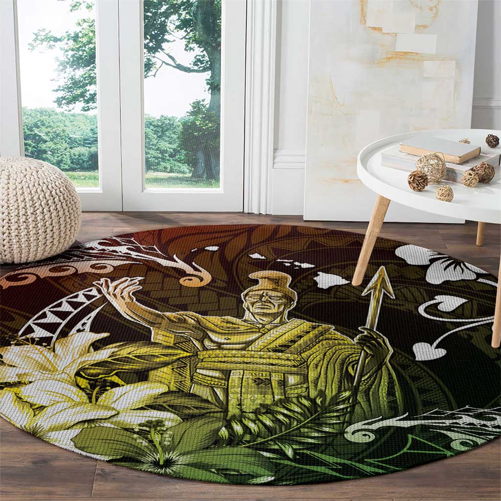 Hawaii King Kamehameha Day Round Carpet Polynesian Pattern Mix Hibiscus Reggae