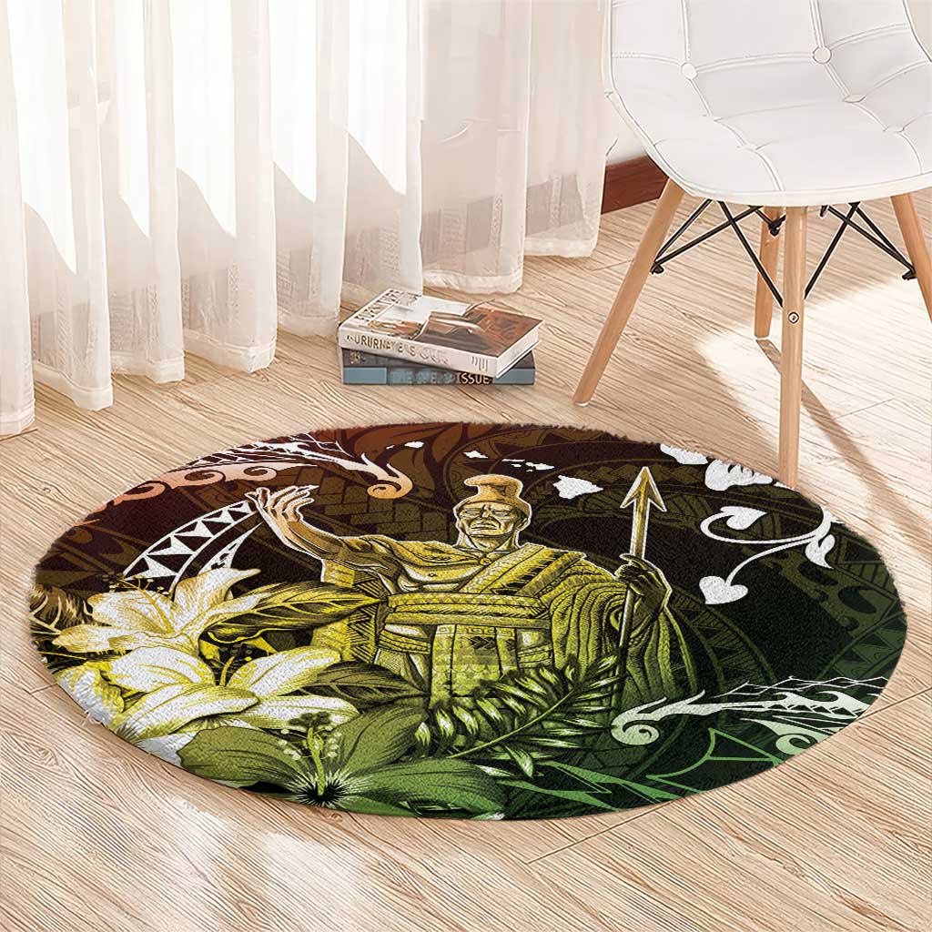 Hawaii King Kamehameha Day Round Carpet Polynesian Pattern Mix Hibiscus Reggae