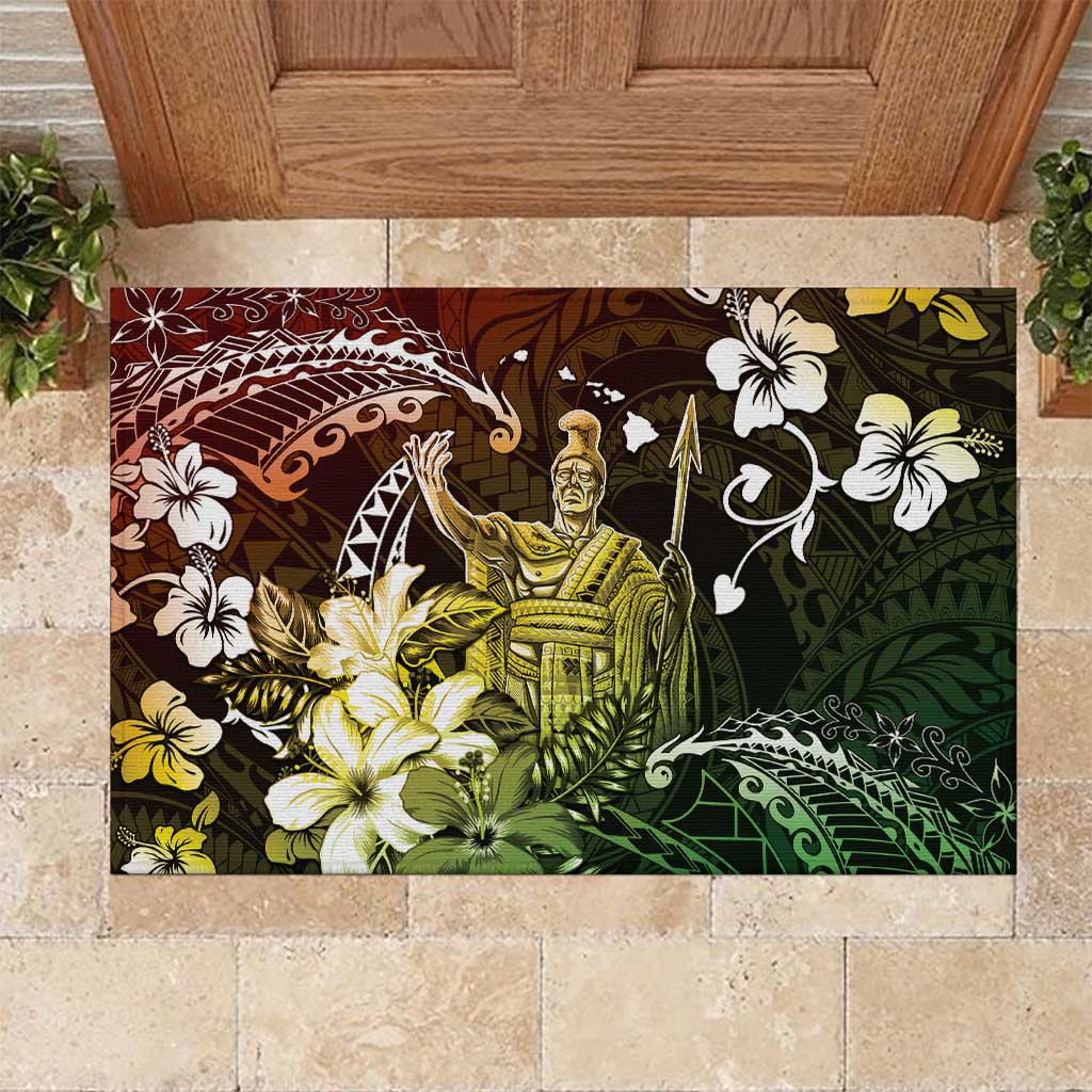 Hawaii King Kamehameha Day Rubber Doormat Polynesian Pattern Mix Hibiscus Reggae