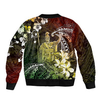 Hawaii King Kamehameha Day Sleeve Zip Bomber Jacket Polynesian Pattern Mix Hibiscus Reggae