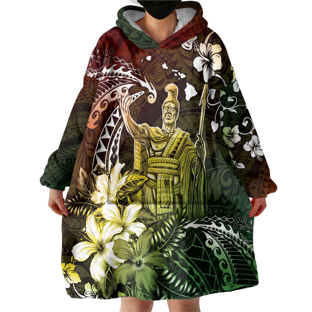 Hawaii King Kamehameha Day Wearable Blanket Hoodie Polynesian Pattern Mix Hibiscus Reggae